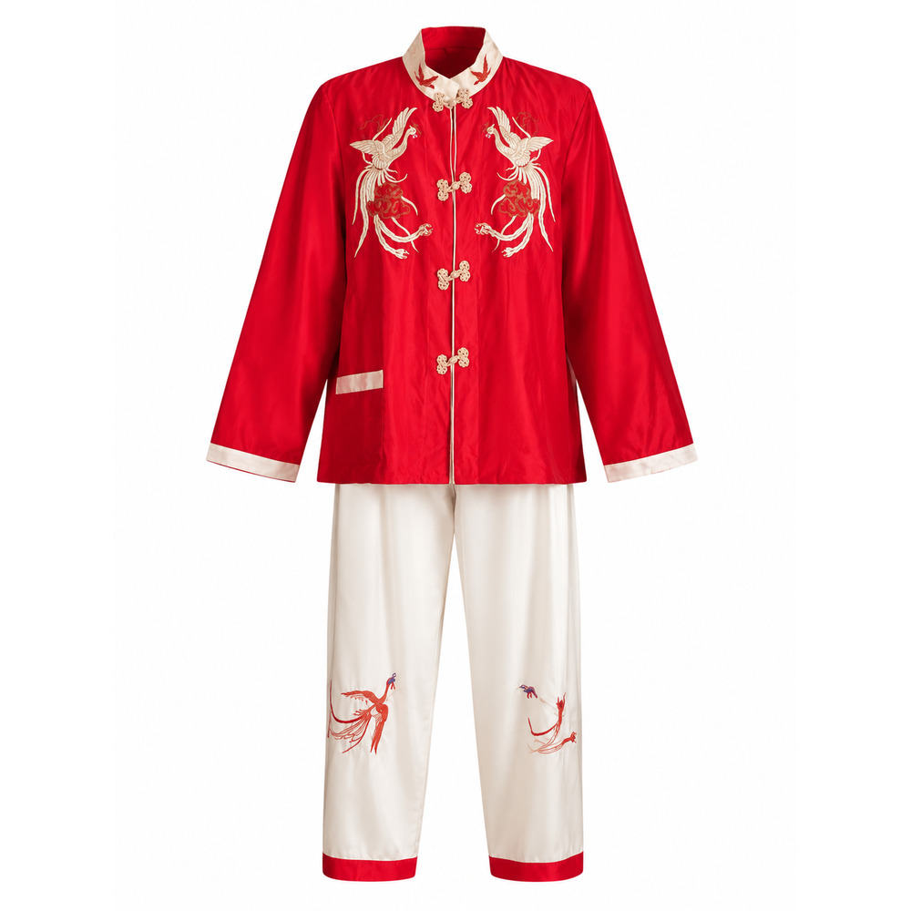 Vintage 1949 Japanese Crane Embroidered Silk Pajama Set Red M/L